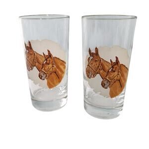 Equestrian MCM Vintage Horse Heads Tall Boy Drinking Glasses Federal Set Of 2